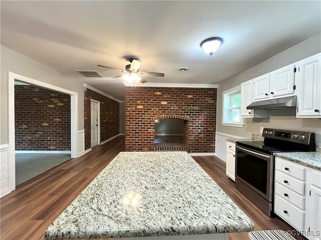 12027 Old Buckingham Rd, Midlothian, VA 23113 - kitchen featuring electric stove, brick wall, under cabinet range hood, a kitchen island, and light stone counters