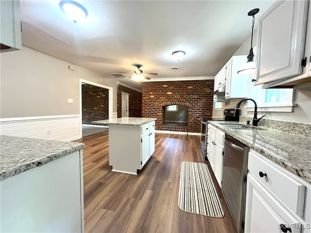 12027 Old Buckingham Rd, Midlothian, VA 23113 - kitchen featuring stainless steel appliances, ceiling fan, a center island, dark wood finished floors, and white cabinets
