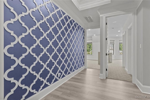 12313 Haybrook Ln, Henrico, VA 23059 - empty room featuring wood finished floors, wallpapered walls, and crown molding