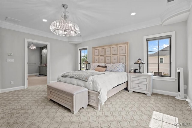 12313 Haybrook Ln, Henrico, VA 23059 - bedroom featuring crown molding, a chandelier, light carpet, recessed lighting, and connected bathroom