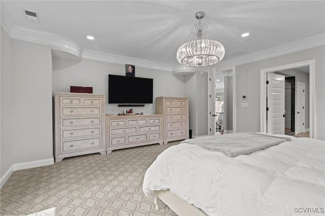 12313 Haybrook Ln, Henrico, VA 23059 - bedroom with crown molding, a chandelier, recessed lighting, and light carpet