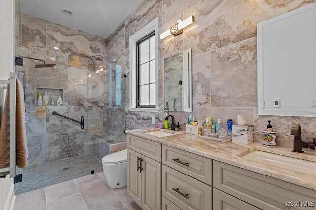 12313 Haybrook Ln, Henrico, VA 23059 - full bath featuring double vanity, a marble finish shower, tile walls, and tasteful backsplash