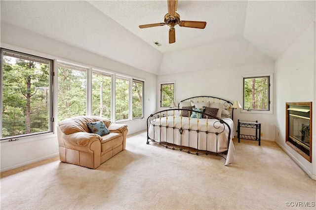 4604 Chesdin Woods Dr, Sutherland, Sutherland, VA 23885 - bedroom featuring multiple windows, light carpet, a glass covered fireplace, and vaulted ceiling