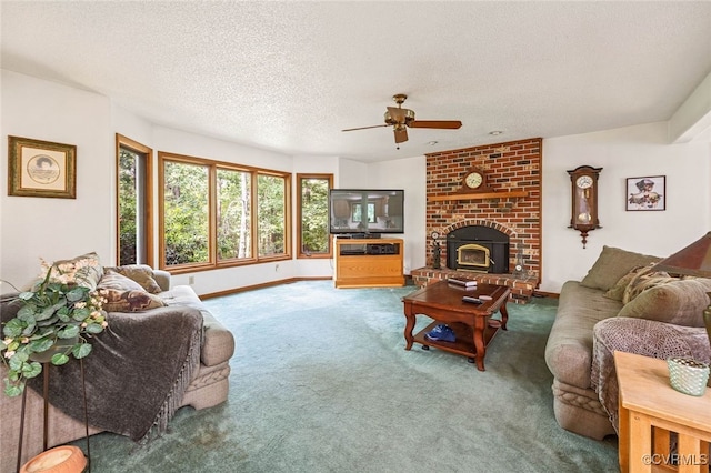 4604 Chesdin Woods Dr, Sutherland, Sutherland, VA 23885 - living room featuring carpet flooring, ceiling fan, a textured ceiling, and a fireplace