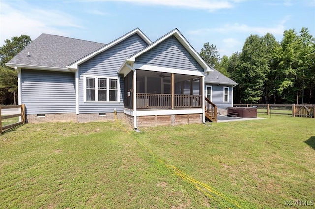 8851 Topeka Rd, Quinton, VA 23141 - back of house featuring a hot tub, a sunroom, crawl space, and a fenced backyard