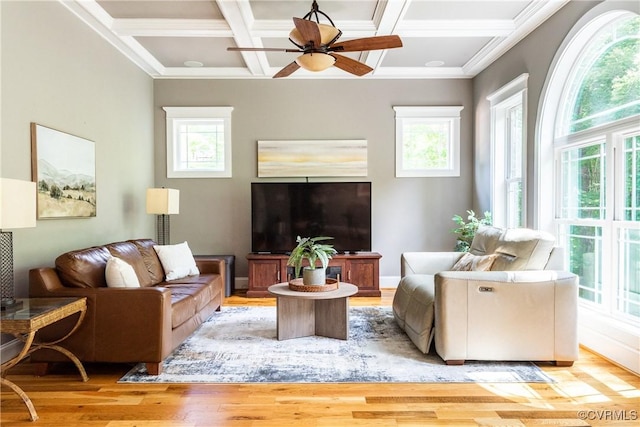 2631 Royal Crest Dr, Midlothian, VA 23113 - living room featuring plenty of natural light, light wood-type flooring, coffered ceiling, beamed ceiling, and ceiling fan