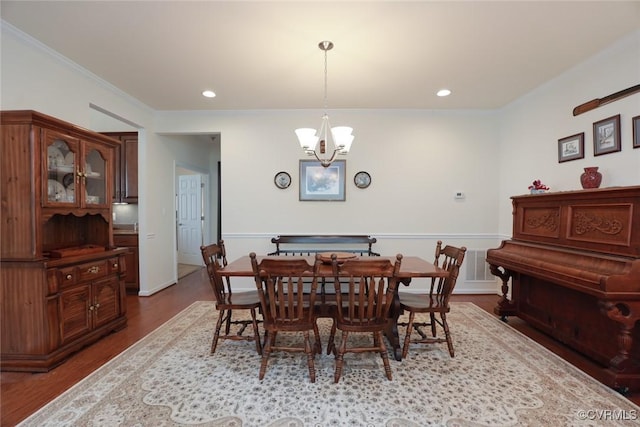 7822 James Blair Ln, New Kent, VA 23124 - dining space featuring a chandelier, wood finished floors, recessed lighting, and ornamental molding