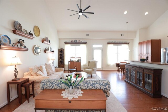 7822 James Blair Ln, New Kent, VA 23124 - living area featuring a ceiling fan, wood finished floors, recessed lighting, and vaulted ceiling