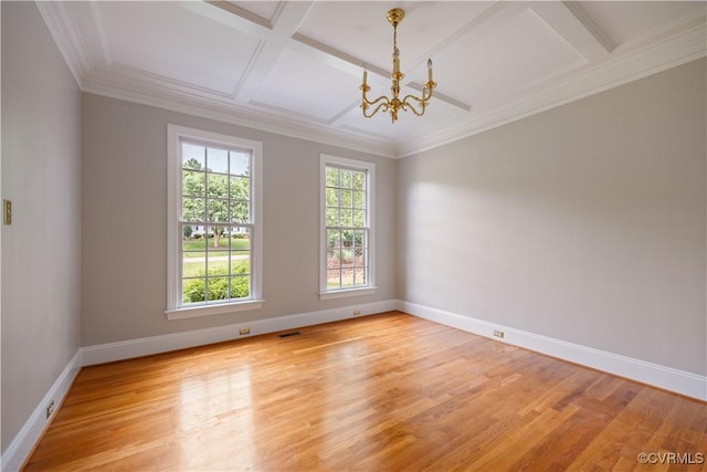 2619 Mulberry Row Rd, Midlothian, VA 23113 - empty room featuring coffered ceiling, a chandelier, light wood finished floors, beam ceiling, and crown molding