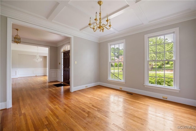 2619 Mulberry Row Rd, Midlothian, VA 23113 - spare room with a chandelier, coffered ceiling, light wood-style flooring, crown molding, and wainscoting