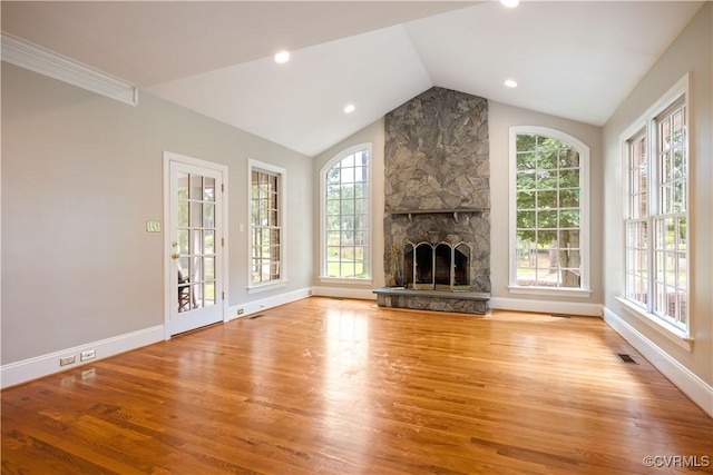 2619 Mulberry Row Rd, Midlothian, VA 23113 - unfurnished living room featuring wood finished floors, vaulted ceiling, a fireplace, and recessed lighting