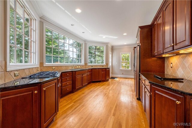 2619 Mulberry Row Rd, Midlothian, VA 23113 - kitchen featuring crown molding, light wood-style flooring, dark stone countertops, tasteful backsplash, and appliances with stainless steel finishes