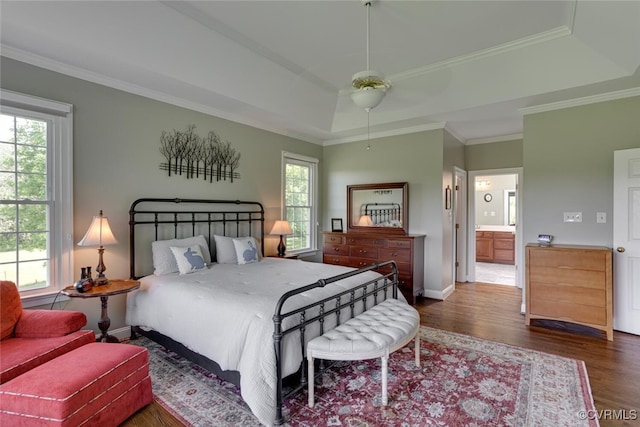 2104 Apple Grove Rd, Mineral, VA 23117 - bedroom featuring a raised ceiling, wood finished floors, multiple windows, ornamental molding, and ensuite bathroom