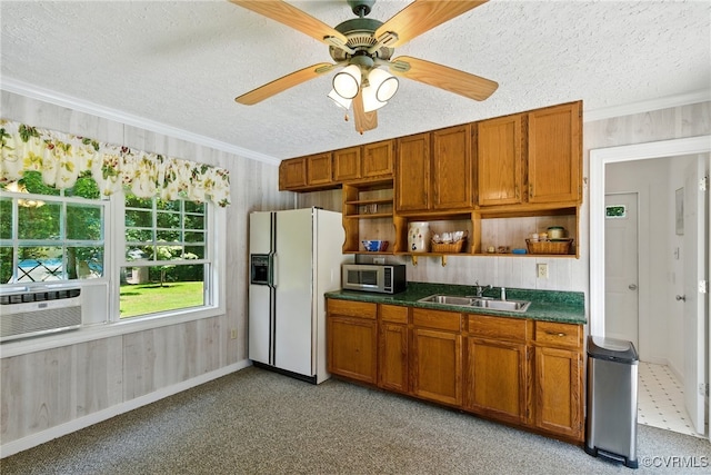 4800 Bailey Branch Ln, Quinton, VA 23141 - kitchen featuring white refrigerator with ice dispenser, open shelves, dark countertops, brown cabinets, and a textured ceiling