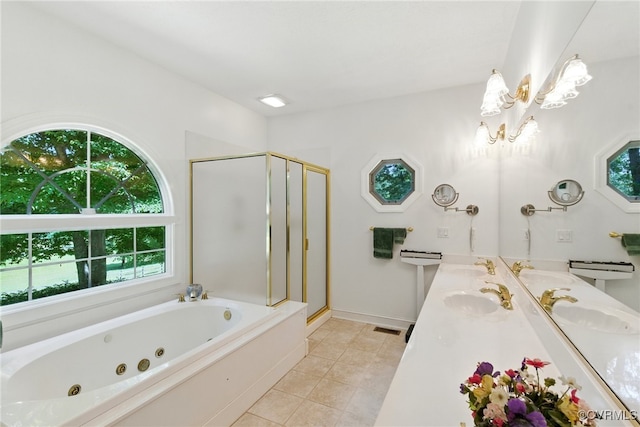 4800 Bailey Branch Ln, Quinton, VA 23141 - full bathroom featuring a shower stall, a jetted tub, tile patterned floors, double vanity, and a chandelier