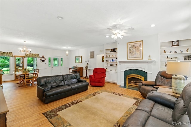 4800 Bailey Branch Ln, Quinton, VA 23141 - living room with light wood finished floors, a chandelier, a ceiling fan, a fireplace with flush hearth, and recessed lighting