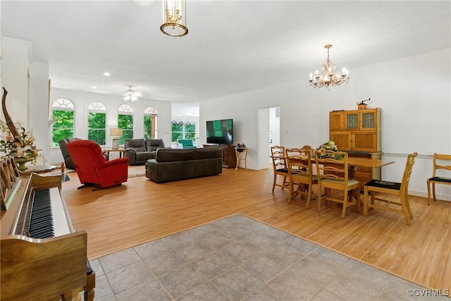 4800 Bailey Branch Ln, Quinton, VA 23141 - living room with a chandelier, light wood-type flooring, a ceiling fan, and recessed lighting