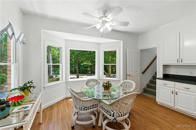 4800 Bailey Branch Ln, Quinton, VA 23141 - dining area featuring stairs, light wood finished floors, and a ceiling fan