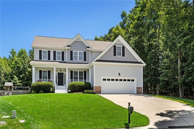 8307 Badestowe Ct, Chesterfield, VA 23832 - view of front of house with concrete driveway, covered porch, a front yard, brick siding, and a garage