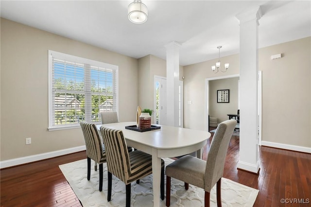8307 Badestowe Ct, Chesterfield, VA 23832 - dining area with decorative columns, hardwood / wood-style floors, and a chandelier