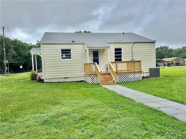 318 Youngs Rd, Petersburg, VA 23803 - view of front facade with a front lawn, crawl space, a deck, and roof with shingles