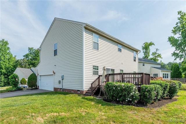 6007 Faulkner Dr, North Chesterfield, VA 23234 - view of property exterior featuring a garage, asphalt driveway, a wooden deck, a lawn, and crawl space
