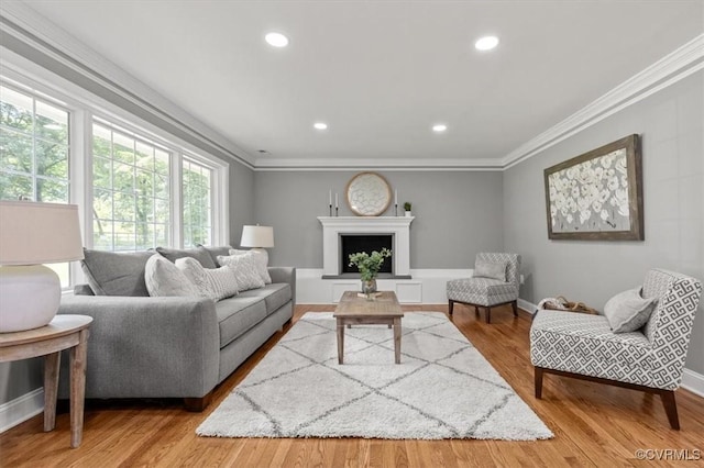 3519 Murchies Hill Rd, Richmond, VA 23234 - living area with ornamental molding, light wood-type flooring, recessed lighting, and a fireplace with raised hearth
