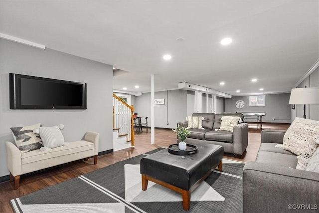 3519 Murchies Hill Rd, Richmond, VA 23234 - living room featuring stairway, wood finished floors, and recessed lighting