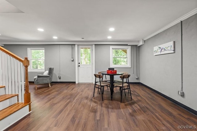 3519 Murchies Hill Rd, Richmond, VA 23234 - dining room with stairway, dark wood finished floors, and recessed lighting