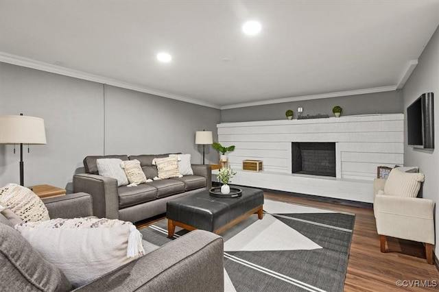 3519 Murchies Hill Rd, Richmond, VA 23234 - living area featuring ornamental molding, wood finished floors, a fireplace with raised hearth, and recessed lighting