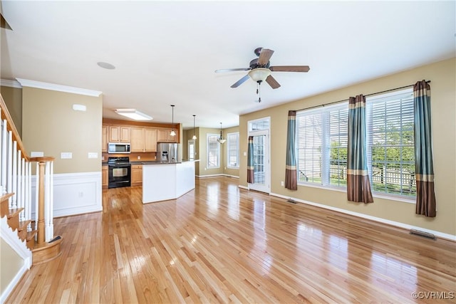 11420 Willows Green Way, Glen Allen, VA 23059 - unfurnished living room featuring stairway, light wood finished floors, and a ceiling fan