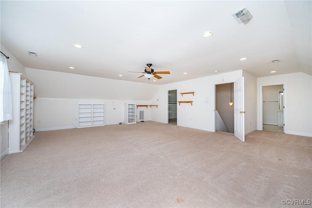 11420 Willows Green Way, Glen Allen, VA 23059 - unfurnished living room with light colored carpet, recessed lighting, lofted ceiling, and a ceiling fan