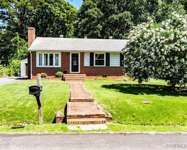 2412 Omega Rd, Henrico, VA 23228 - single story home with a chimney, brick siding, a front yard, a garage, and a shingled roof