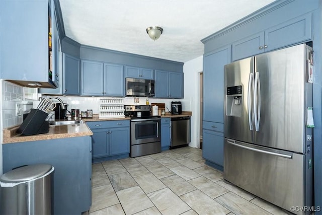 2412 Omega Rd, Henrico, VA 23228 - kitchen with stainless steel appliances, blue cabinets, backsplash, and light countertops