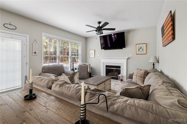 2925 Mariners Pl, Midlothian, VA 23112 - living area featuring ceiling fan, a glass covered fireplace, and wood finished floors