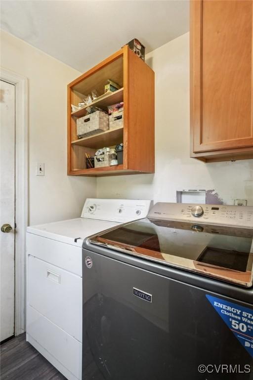 301 Perth Ln, Sandston, VA 23150 - laundry room with washing machine and dryer, cabinet space, and dark wood-style floors