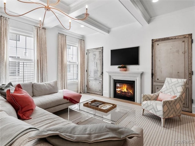 511 Libbie Ave Unit C, Richmond, VA 23226 - carpeted living area featuring beamed ceiling, a glass covered fireplace, recessed lighting, ornamental molding, and a chandelier