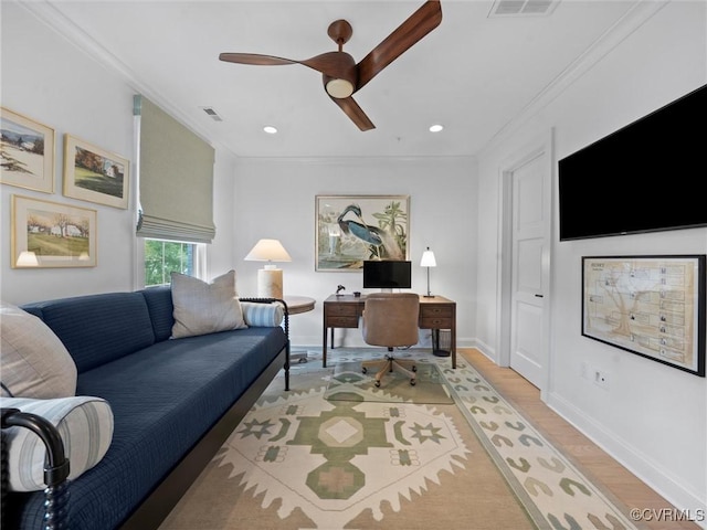 511 Libbie Ave Unit C, Richmond, VA 23226 - office with ceiling fan, light wood-type flooring, crown molding, and recessed lighting