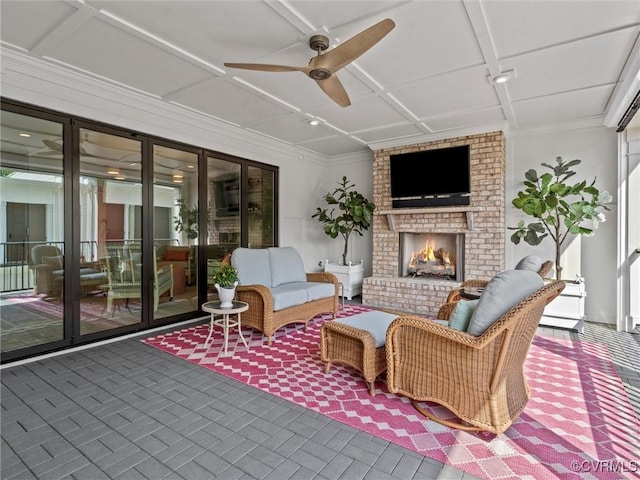 511 Libbie Ave Unit C, Richmond, VA 23226 - sunroom / solarium featuring ceiling fan and an outdoor living space with a fireplace