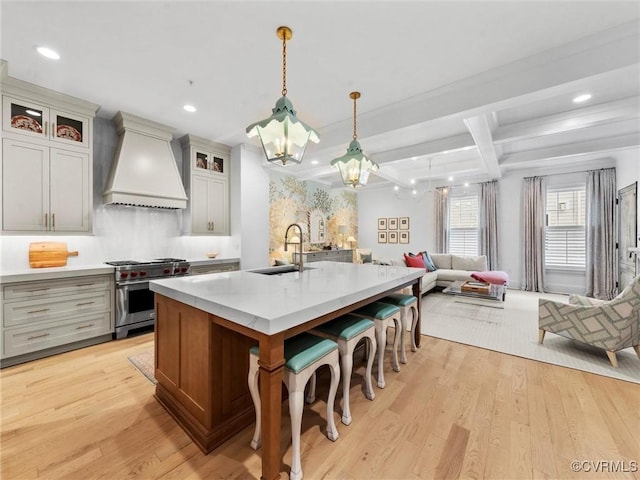 511 Libbie Ave Unit C, Richmond, VA 23226 - kitchen with premium range hood, high end stainless steel range, open floor plan, light wood-style floors, and a chandelier