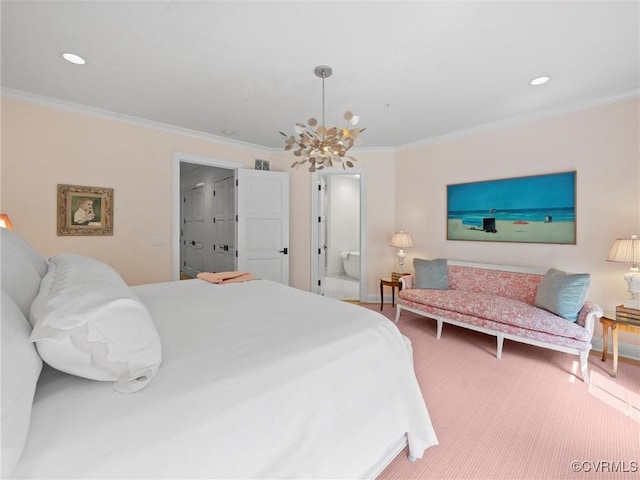 511 Libbie Ave Unit C, Richmond, VA 23226 - bedroom with ornamental molding, a chandelier, recessed lighting, and ensuite bathroom