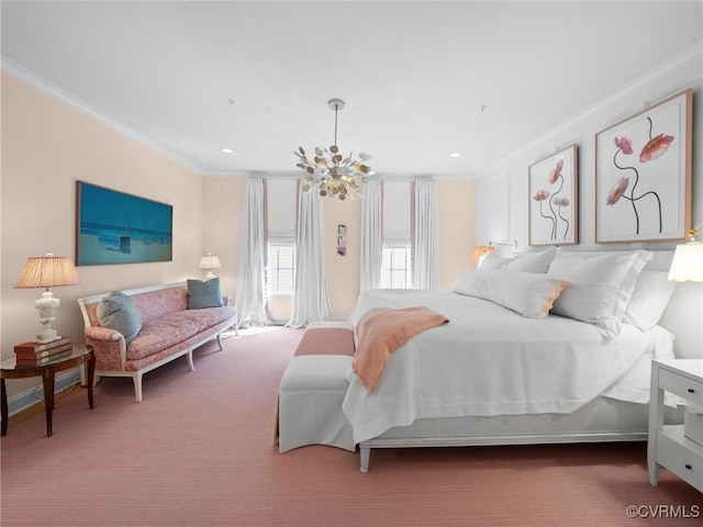 511 Libbie Ave Unit C, Richmond, VA 23226 - bedroom featuring a chandelier, crown molding, and carpet flooring