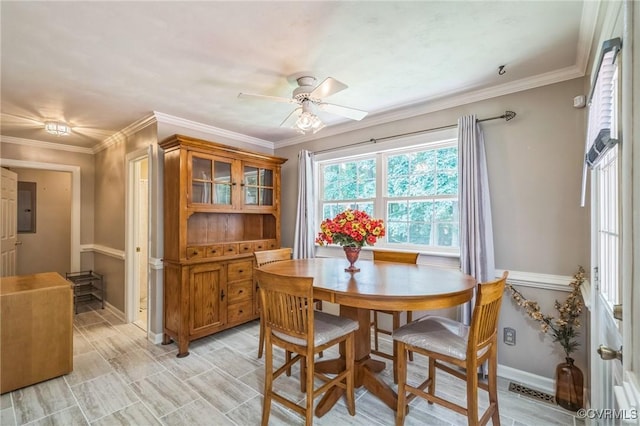 1413 N Mill Point Ct, Suffolk, VA 23434 - dining area with electric panel, a ceiling fan, and crown molding