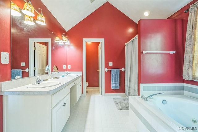 1413 N Mill Point Ct, Suffolk, VA 23434 - bathroom with a tub with jets, double vanity, curtained shower, tile patterned floors, and lofted ceiling