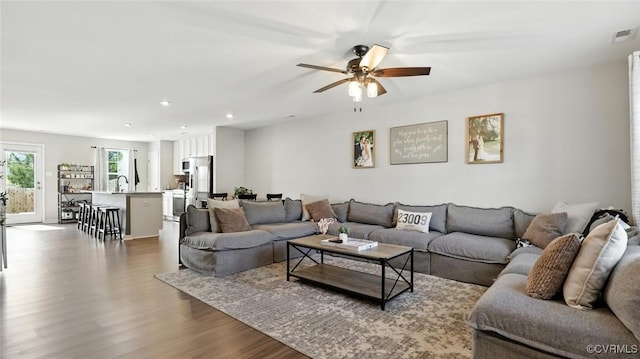 1954 Kennington Park Rd, Aylett, VA 23009 - living room with dark wood finished floors, a ceiling fan, and recessed lighting