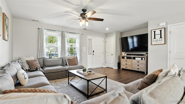 1954 Kennington Park Rd, Aylett, VA 23009 - living area with dark wood-style floors, ceiling fan, and recessed lighting