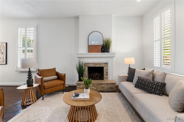 118 N Lombardy St, Richmond, VA 23220 - living room featuring wood finished floors, a stone fireplace, and recessed lighting