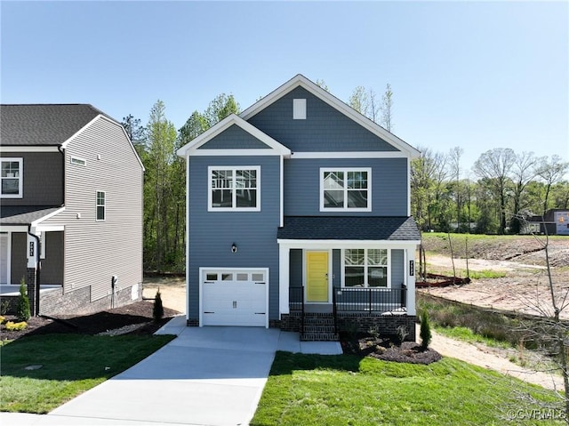 7937 Lyndale Dr, Chesterfield, VA 23235 - craftsman-style home featuring a porch, an attached garage, concrete driveway, and a front lawn
