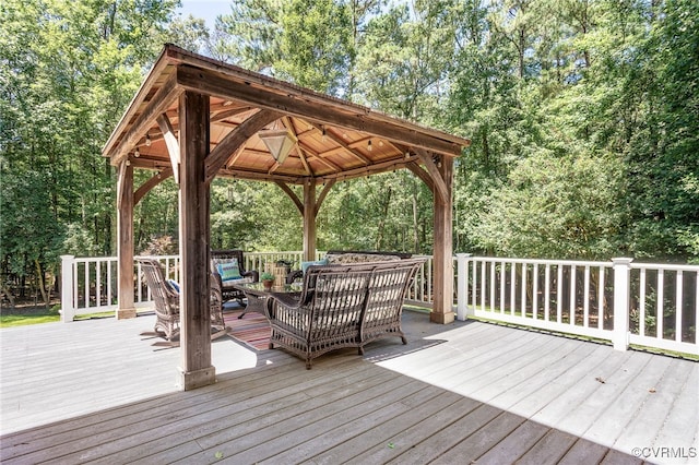 8707 Taylor Landing Pl, Chesterfield, VA 23838 - wooden deck with an outdoor living space, a gazebo, and view of scattered trees
