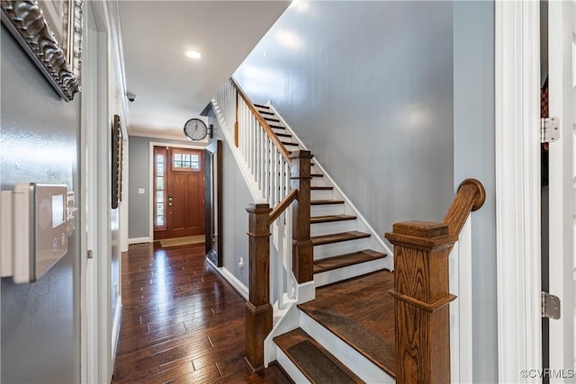 2449 Gold Leaf Cir, Henrico, VA 23233 - entrance foyer with hardwood / wood-style floors, stairs, recessed lighting, and crown molding